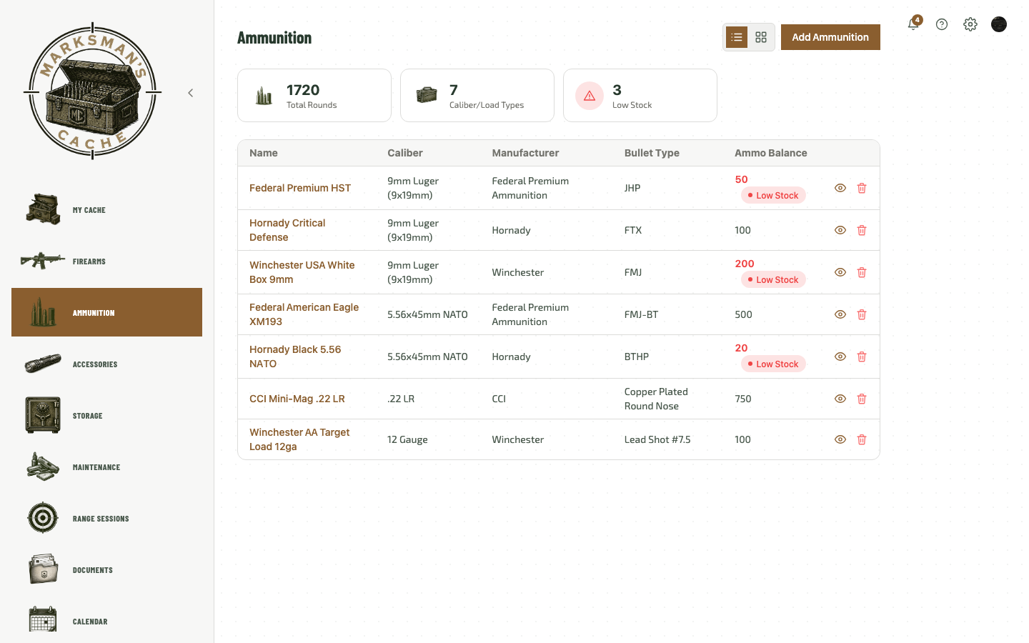 Ammunition tracking screen showing calibers, round counts, and low-stock alert indicators