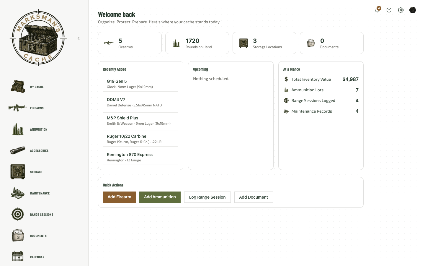 Marksman's Cache dashboard showing collection value, ammunition count, storage locations, and recently added firearms