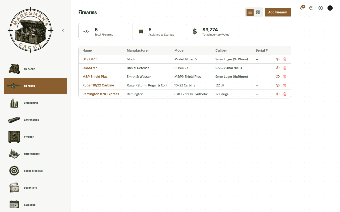 Firearms list showing manufacturer, model, caliber, and estimated value for a full collection