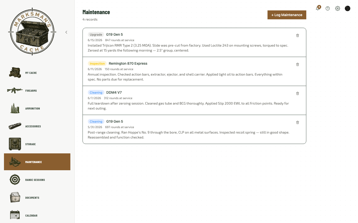 Maintenance log showing service history per firearm with dates, notes, and rounds at service